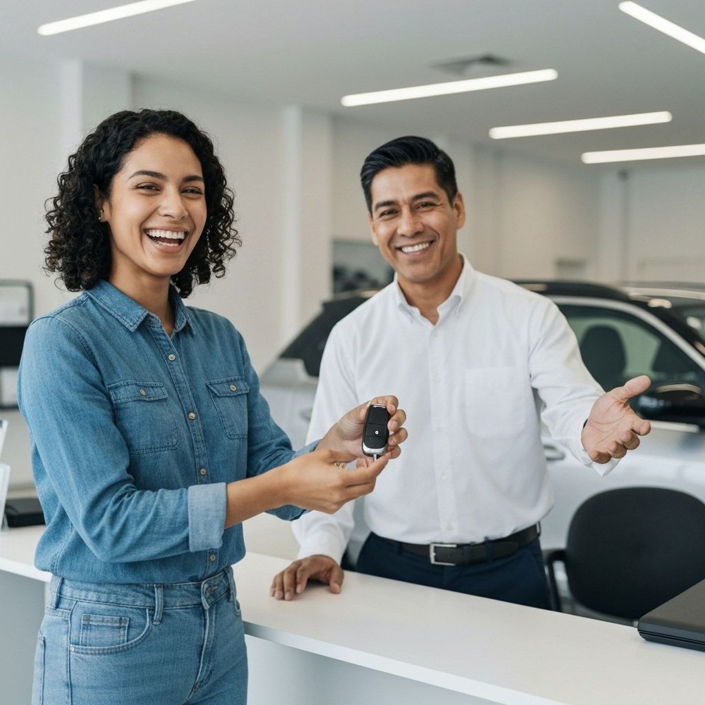 Happy customer receiving car keys at Motors World